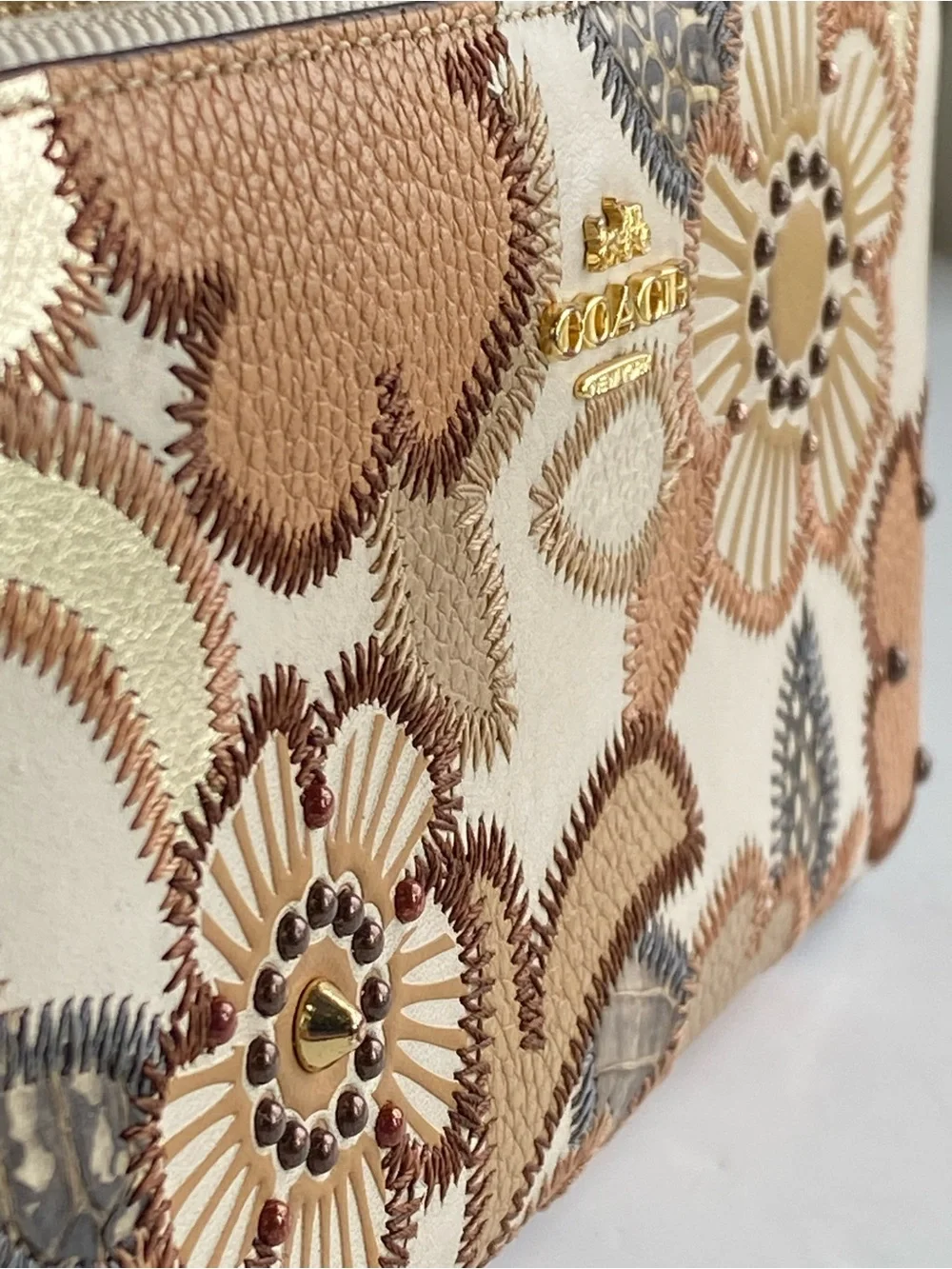 Coach Studded Floral Swagger Floral  Zip Wallet in Cream and Tan